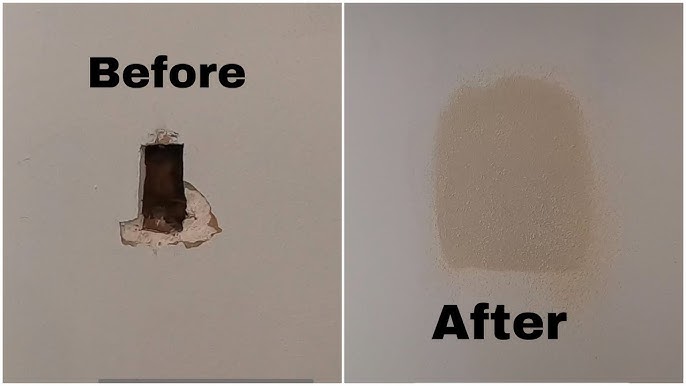 Before drywall repair - large hole in wall showing before and after comparison