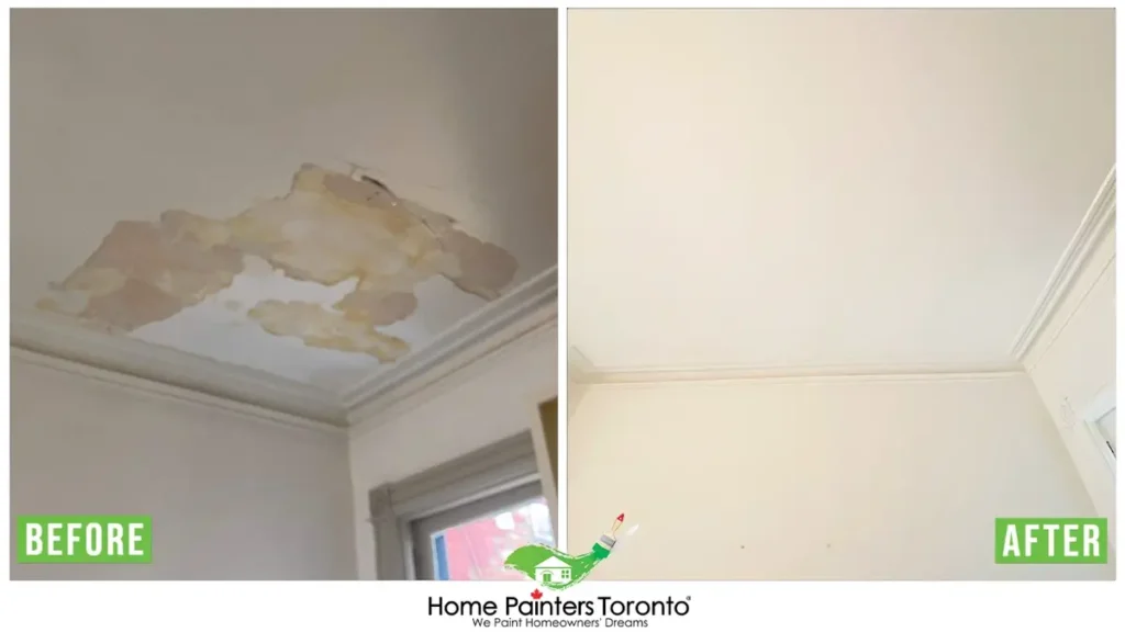 Before and after water damage repair - severe ceiling damage to perfect restoration
